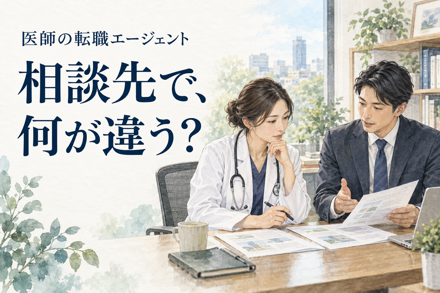 医師が担当者と書類を見ながら相談するイラスト。「医師の転職エージェント 相談先で、何が違う？」