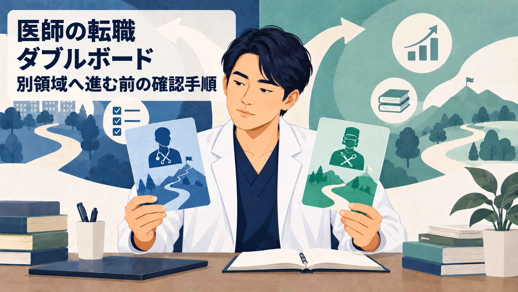 『医師の転職』『ダブルボード』『別領域へ進む前の確認手順』の文字と、二つの研修経路を比較する医師のイラスト。