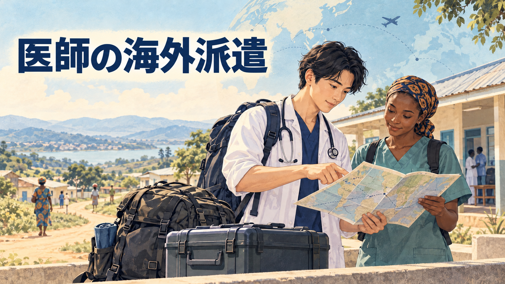 『医師の海外派遣』の文字と、海外派遣予定の医師と現地スタッフが地図を確認するイラスト。