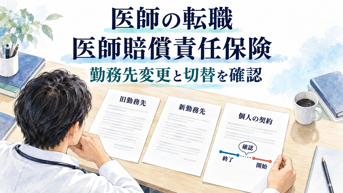 医師の転職で医師賠償責任保険の勤務先変更と切替を確認する図。旧勤務先・新勤務先・個人の契約の書類と、終了・開始の確認箇所を分けている。