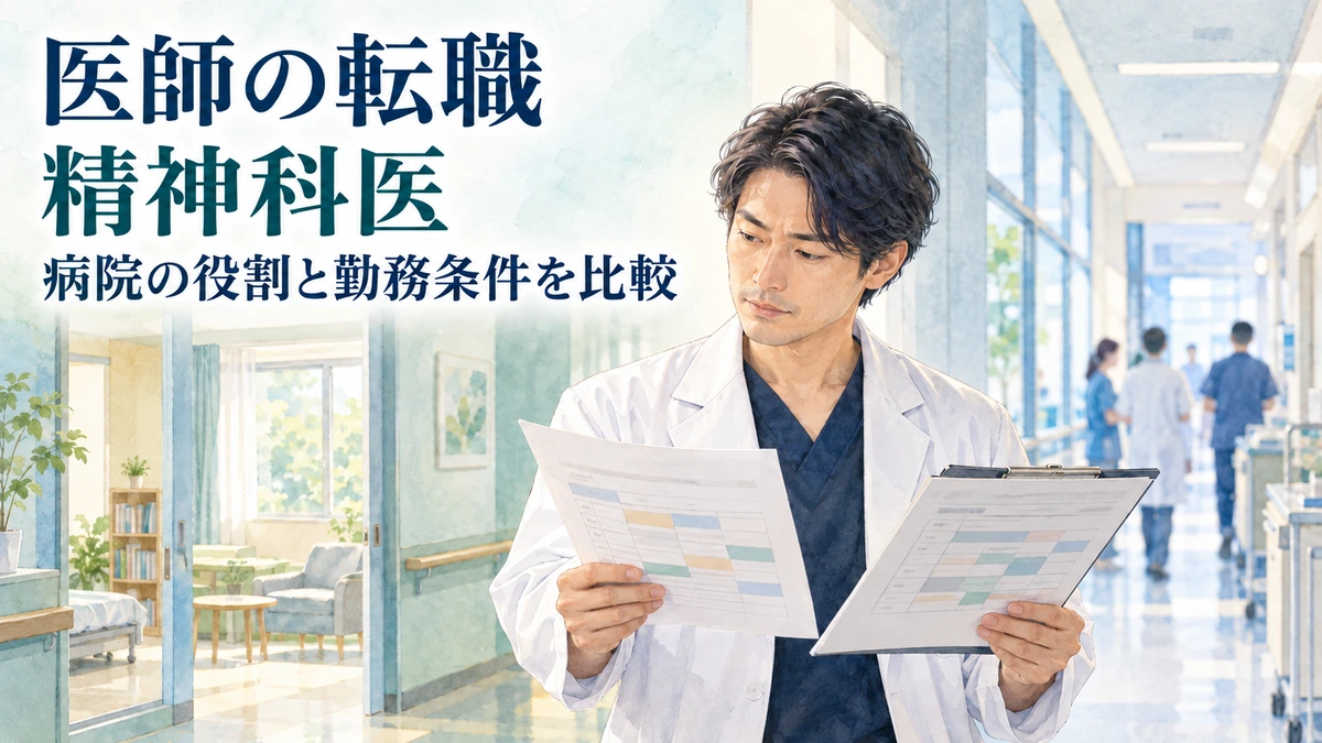 「医師の転職」「精神科医」「病院の役割と勤務条件を比較」の文字と、左右の手で勤務表を見比べる医師の図。