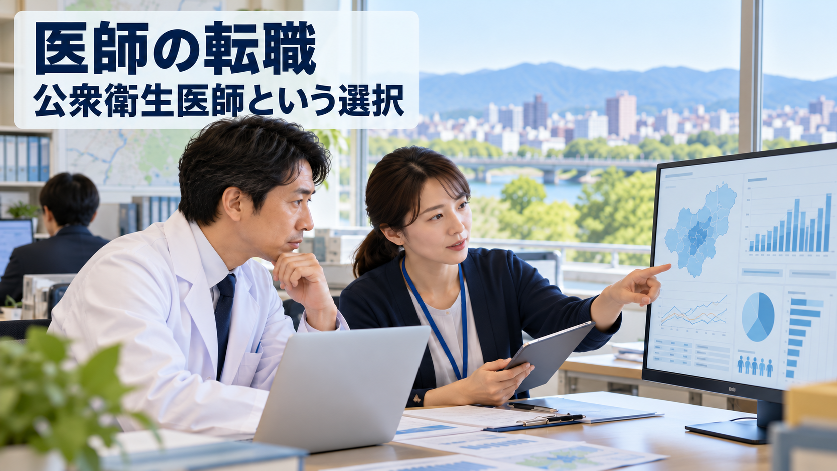 『医師の転職』『公衆衛生医師という選択』の文字を重ねた、医師と自治体職員が地域保健データを見るイラスト。