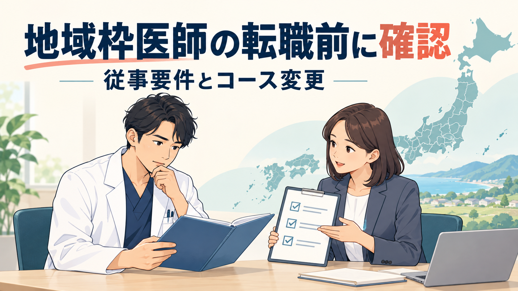地域枠医師の転職前に、従事要件とコース変更を確認する医師と相談担当者のイラスト。