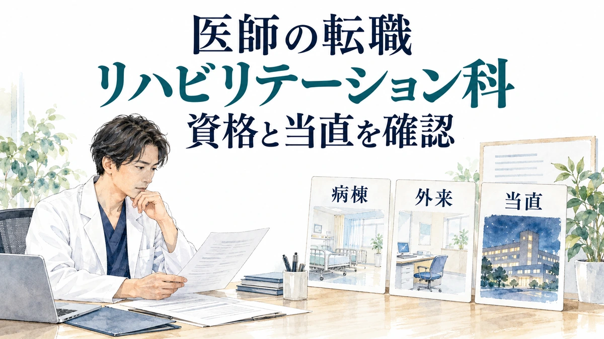 医師の転職でリハビリテーション科の資格と当直を確認する図。医師が書類と病棟・外来・当直のカードを比較している。